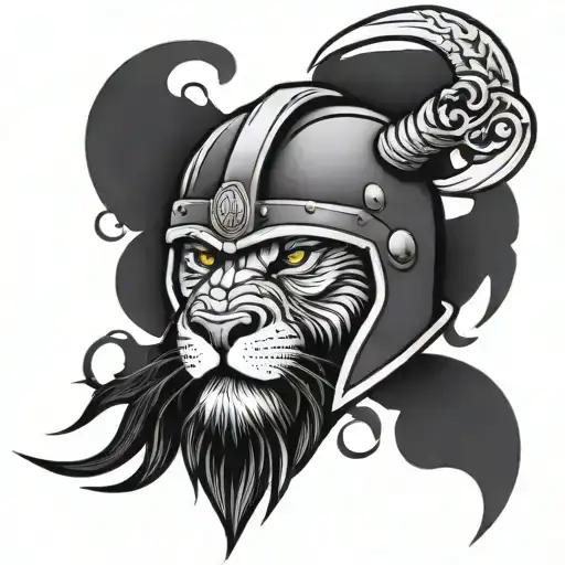 A tattoo design combining Viking symbols and a lion in a football helmet, symbolizing strength and courage tattoo design idea