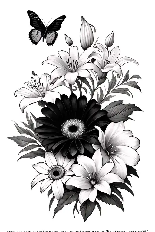 "Rowan, Elliot " lily flower, dafodil and gerbera flower intertwined with butterfly above  tattoo design idea