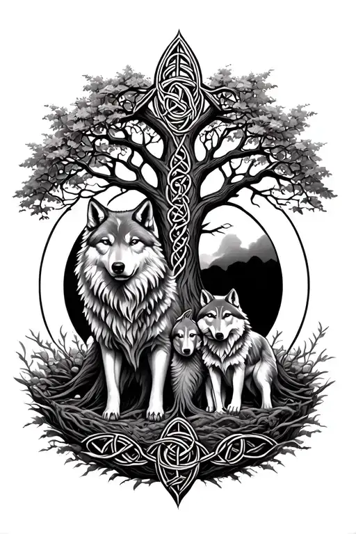 Celtic tree of life with father wolf and baby wolf tattoo design idea