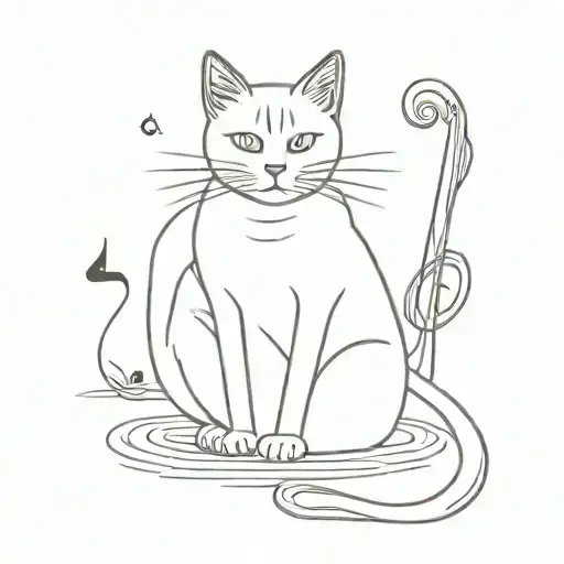 grey and white cat sitting with sign of music note intertwined tattoo design idea