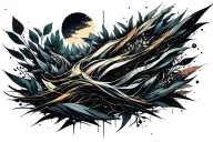 An abstract design symbolizing your diverse interests and hobbies, incorporating elements of ecology, programming, and project management tattoo design idea