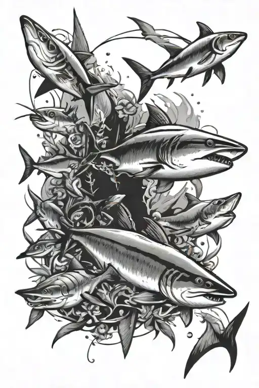 spearfishing under water with sharks and snapper and other fish tattoo design idea