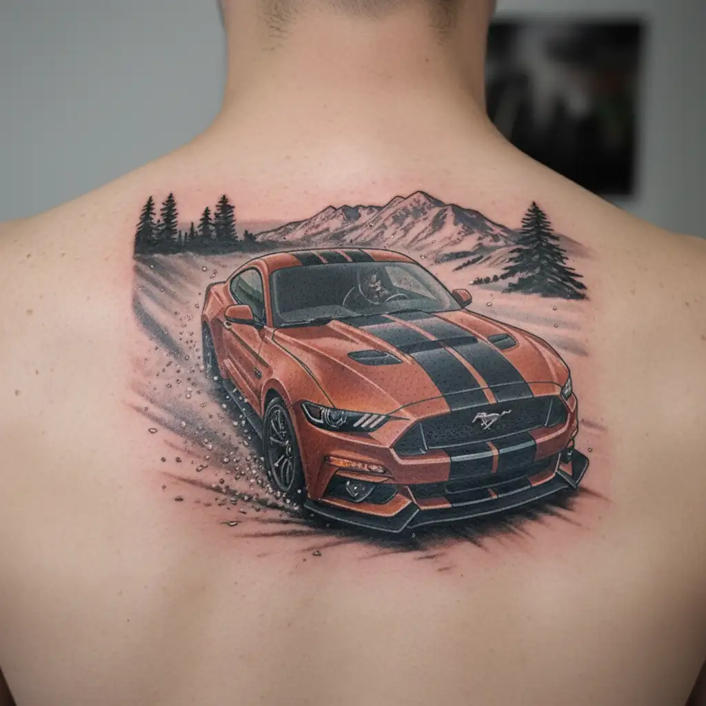 mustang gt going around a corner fast. in the mountains called dragons tail tattoo design idea