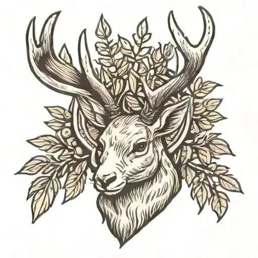 forward facing jackalope head with olive branches for antlers  tattoo design idea