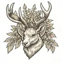forward facing jackalope head with olive branches for antlers  tattoo design idea