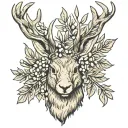 forward facing jackalope head with olive branches for antlers  tattoo design idea
