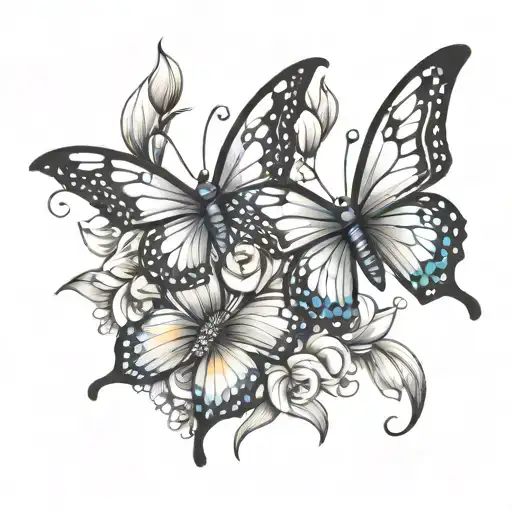 new school tattoo design of 2 butterflies. bright vivid colors. one is flying and one has landed on a beautiful flower tattoo design idea