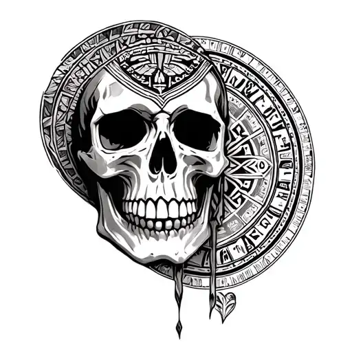 skull and aztec calendar tattoo design idea