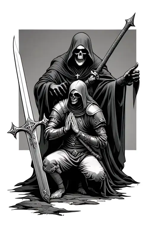 knights Templar warrior knelt praying on a sword with a grim reaper standing behind him comforting him with one hand on  tattoo design idea
