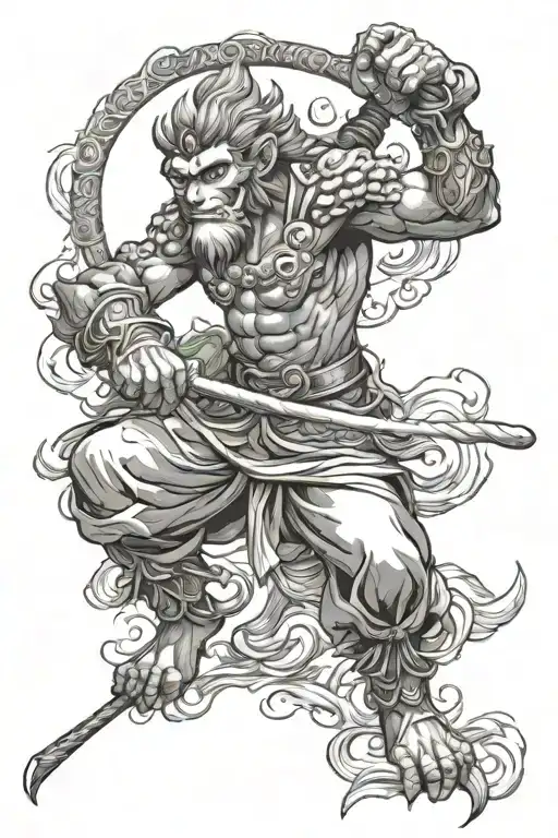 sun wukong with his stick tattoo design idea
