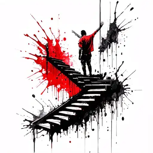 Forearm tattoo sketch. A person standing at the bottom of a vertical staircase, reaching upward. The stairs go up in 3D  tattoo design idea