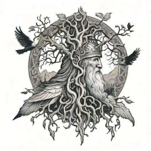 Tattoo of odin the norse god with an eye above him followed by roots of a tree coming into the poison tree with doves  tattoo design idea
