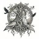Tattoo of odin the norse god with an eye above him followed by roots of a tree coming into the poison tree with doves  tattoo design idea
