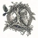 Tattoo of odin the norse god with an eye above him followed by roots of a tree coming into the poison tree with doves  tattoo design idea