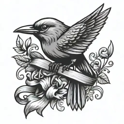 American traditional bird with ribbon in mouth  tattoo design idea