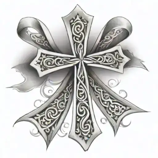 small cross, ovarian cancer ribbon overlapped image tattoo design idea