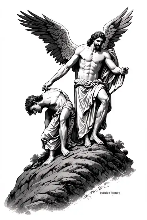 Saint Micheal bowing down to Jesus on top of a hill after battle tattoo design idea