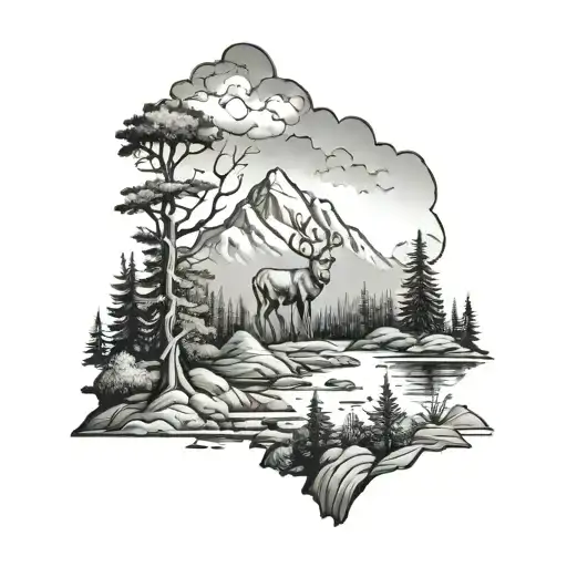 a forest with a river and mountains and a deer, a bear, and a mountain lion tattoo design idea