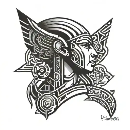 A black and grey portrait of the client's name written in Egyptian hieroglyphics with mechanical elements intertwined tattoo design idea