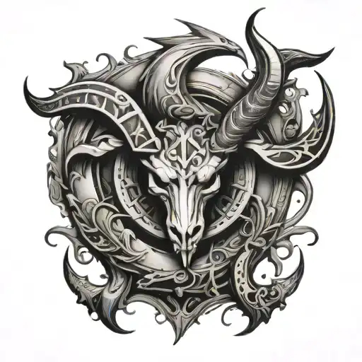 Capricorn symbol intertwined with Neptune's trident tattoo design idea