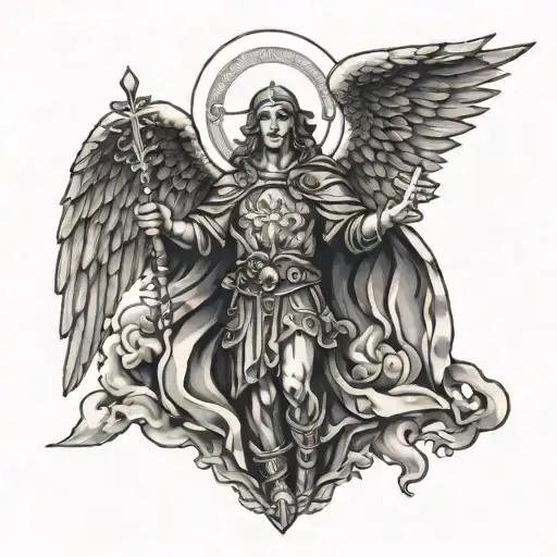 saint Micheal The Archangel with a cross above him and a rosary throughout the art tattoo design idea