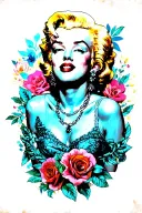 I want a full-arm colored tattoo with lots of pictures and faces of Marilyn Monroe. tattoo design idea