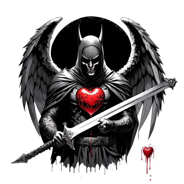 A dark knight with a mesh hood and angel of death/darkness wings, holding a sword with a bleeding heart embedded along tattoo design idea