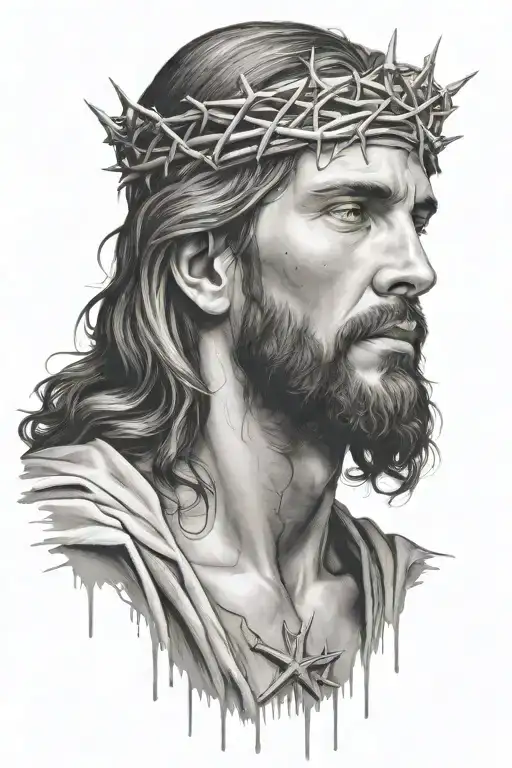 Hyper realistic portrait of Jesus Christ with a crown of thorns, looking down , loving expression, blood drippin tattoo design idea