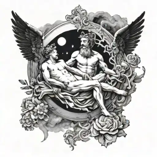 Michelangelo's The Creation of Adam surrounded by a total solar eclipse  tattoo design idea