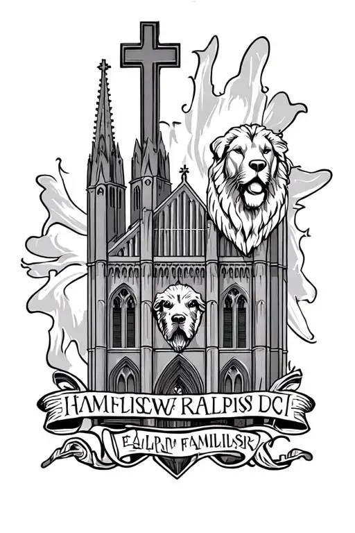 Cologne Cathedral with a cross, a lion head, a Labrador, lettering Famillisch tattoo design idea