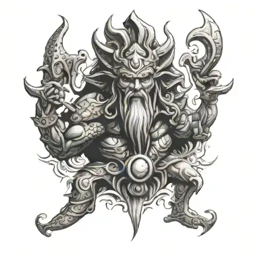 god enki, aquarius, demon, front facing tattoo design idea