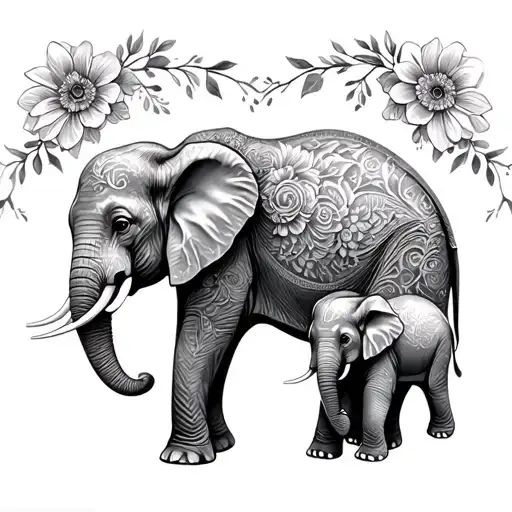 mother elephant made of flowers connected to two baby elephants tattoo design idea