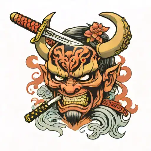 an oni mask bitting on a samurai sword tattoo design idea