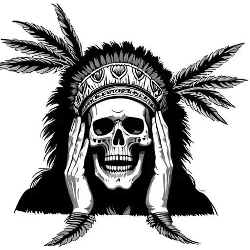 hear no evil speak no evil see no evil skulls, wearing indigenous head dresses tattoo design idea