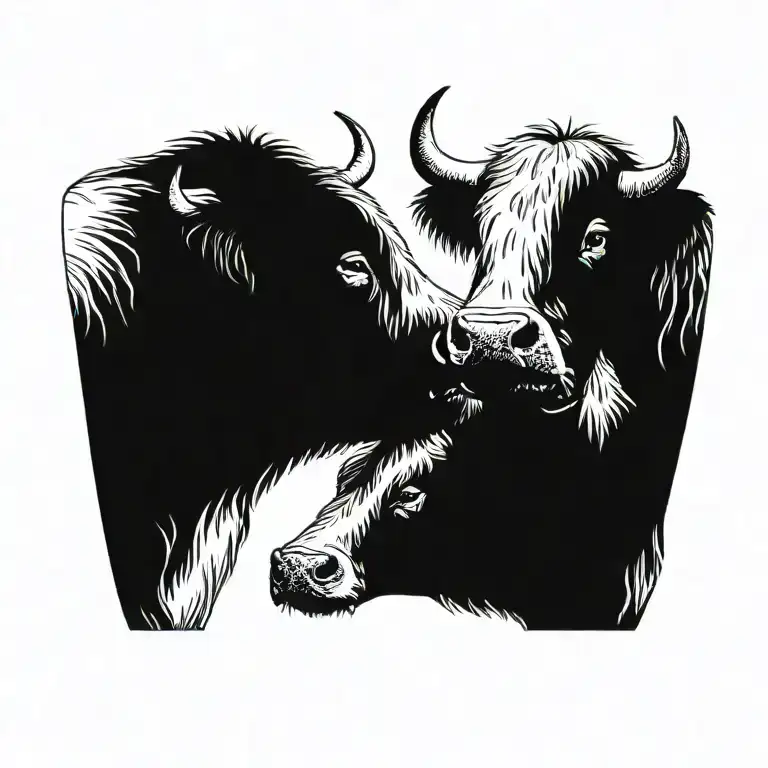 two shaggy higland cows noses touching like a kiss. one cow wearing a viking helmet and the other cow has a shield tattoo design idea