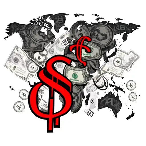 with all the money and currency signs from around the world make a collage for the forearm in black and red the money do tattoo design idea