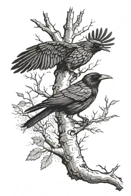 birch tree with a raven flying robin flying and woodpecker flying and cross tattoo design idea