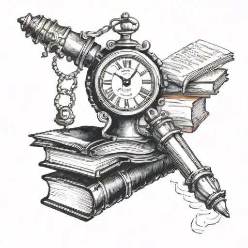 A Roman numeral clock with books as the hands and a microphone as the pendulum tattoo design idea