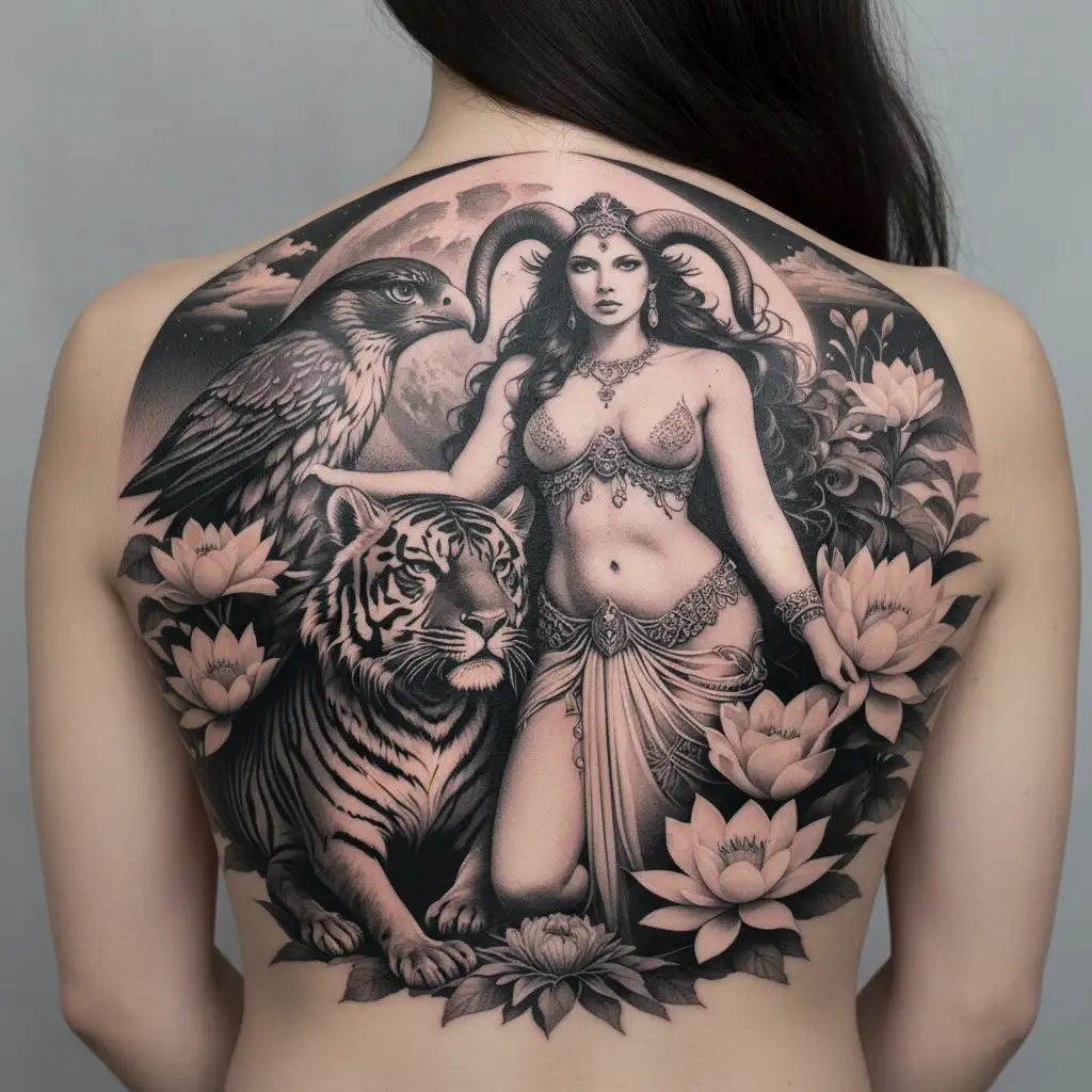 sexy aries goddess surrounded by poeny and lotus flowers growing with a tiger and a hawk with mars in the background  tattoo design idea