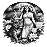 sexy aries goddess surrounded by poeny and lotus flowers growing with a tiger and a hawk with mars in the background  tattoo design idea