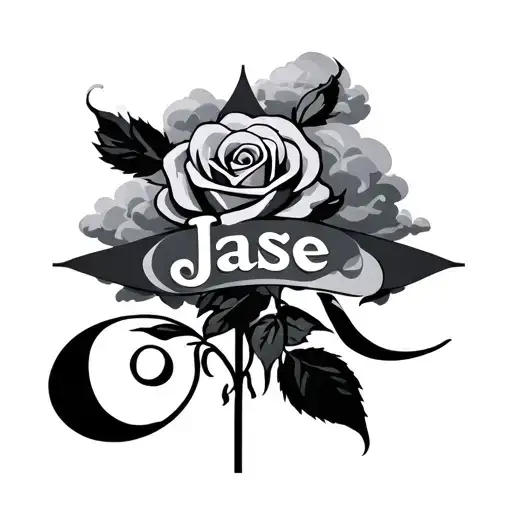 cross with the name Jase with a rose and clouds forming the shape tattoo design idea