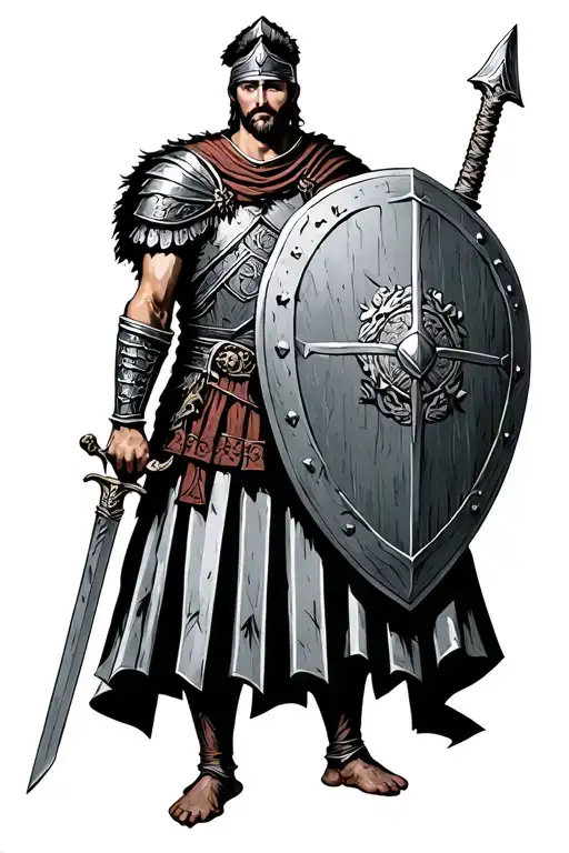 roman warior whit shield and sword tattoo design idea