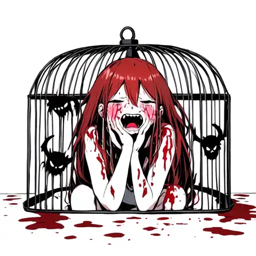 crying sad female child with blood red long hair locked in a bird cage alone with black demons laughing at her tattoo design idea