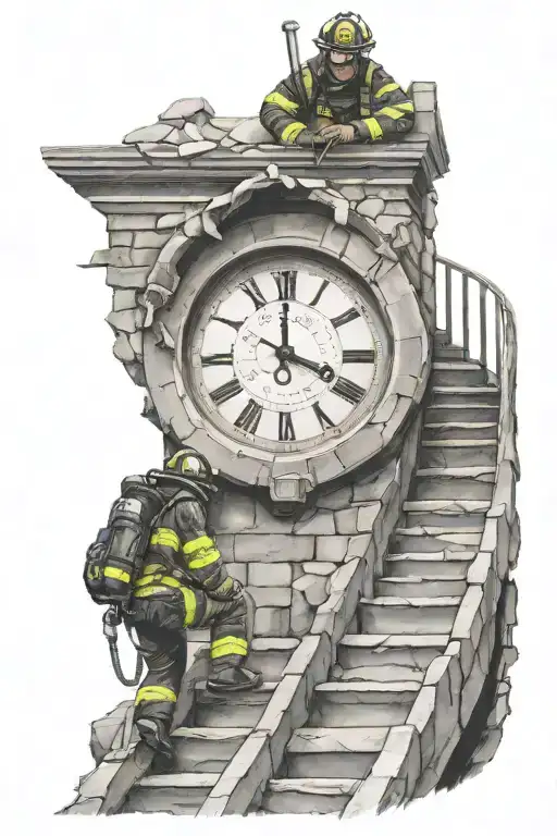 firefighter climbing winding broken stairs that lead to a broken clock tattoo design idea