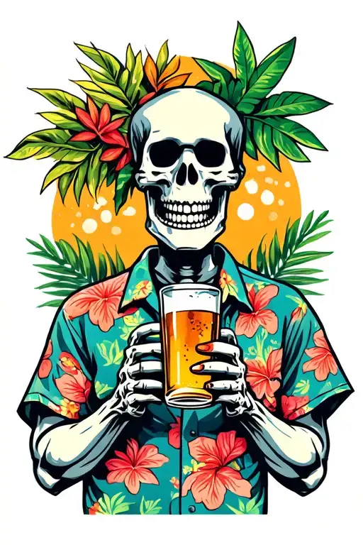 neo traditional skeleton in a Hawaiian shirt standing drinking a beer tattoo design idea