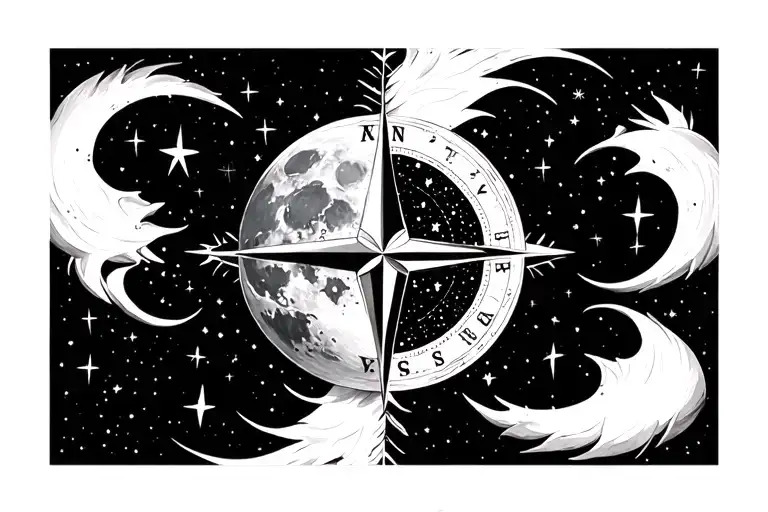 the moon and compass of the wind rose in unsymmetrical stars tattoo design idea
