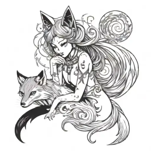 Kitsune in the form of a woman, naked, in anime style, with a dark, gothic, horror theme tattoo design idea