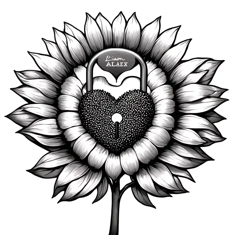sunflower with stem spelling Allison with a heart shaped lock, and names Liam and Alex in the center of each leaf tattoo design idea