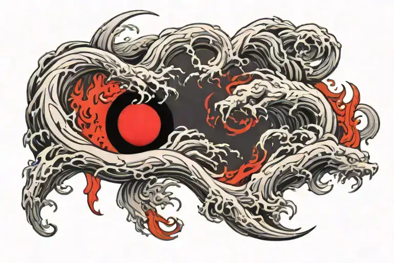 Japanese river covered in amaterasu flames on the night of the Sharingan moon tattoo design idea
