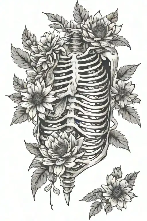 rib cage with aster flowers tattoo design idea